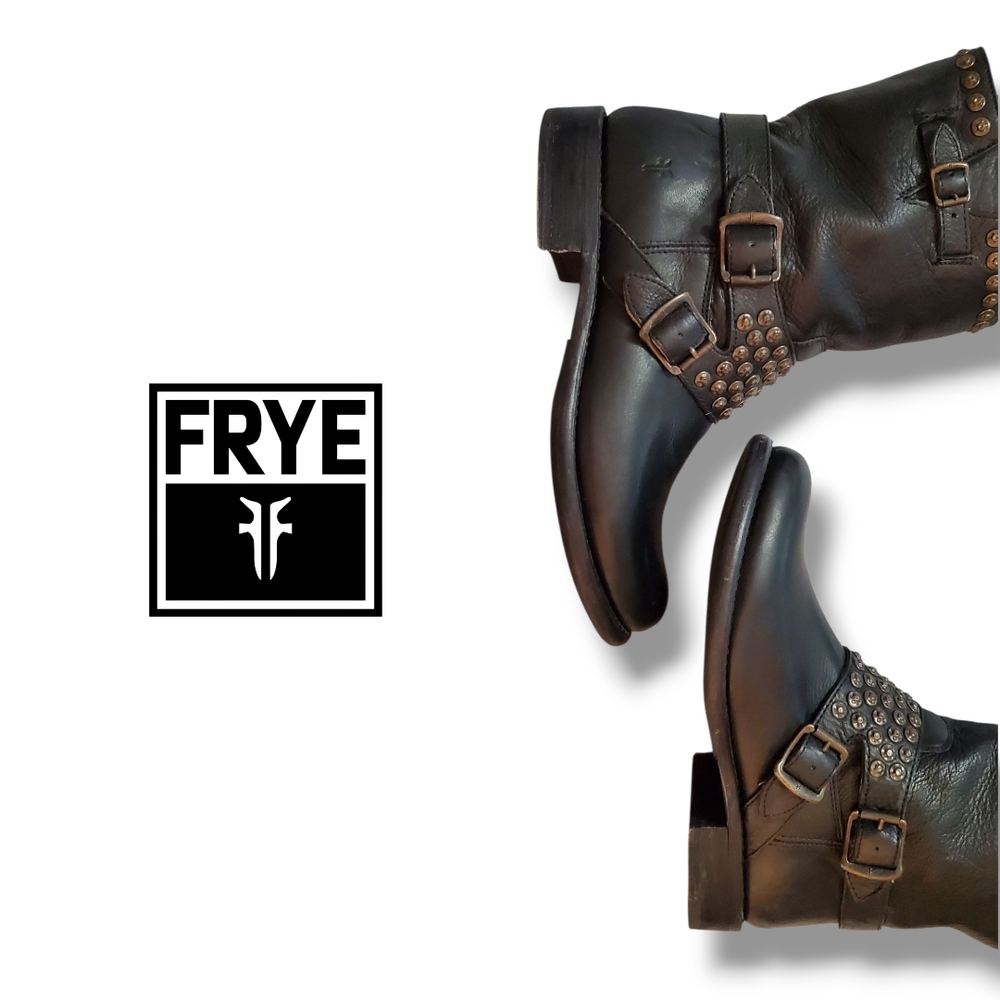 FRYE JENNA Black Leather Studded Ankle Moto Engineer Biker Boots Women's Size 10 - Picture 9 of 12